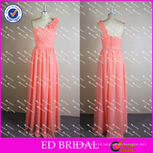 ED Bridal Pink Real Pictures One Shoulder Chiffon Flower Long Bridesmaid Dress 2017